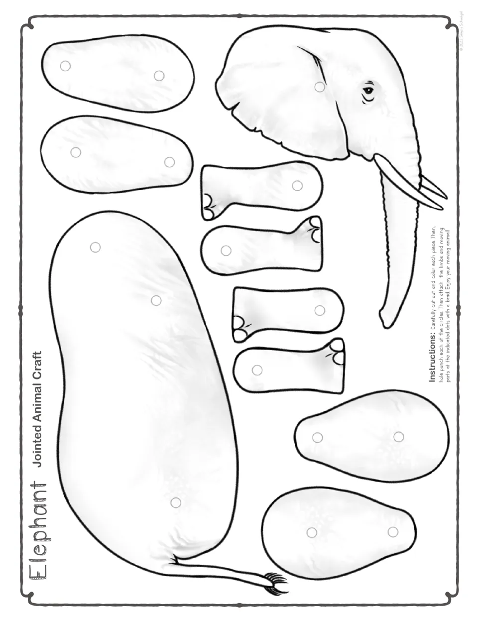 Blank outline of the four-legged elephant pieces for students to color, cut, hole punch and join at the dots with brads