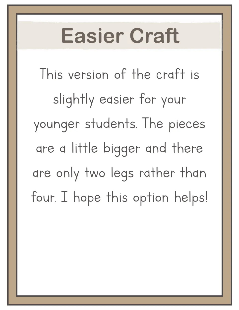 Easier Craft note: this elephant version uses bigger pieces and only two legs instead of four, meant for younger students