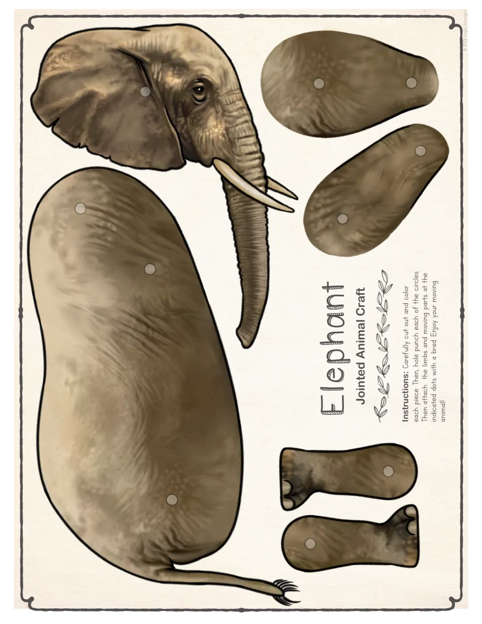 Full-color two-leg elephant pieces: large head with trunk, body with tail, two upper legs and two lower legs with brad dots