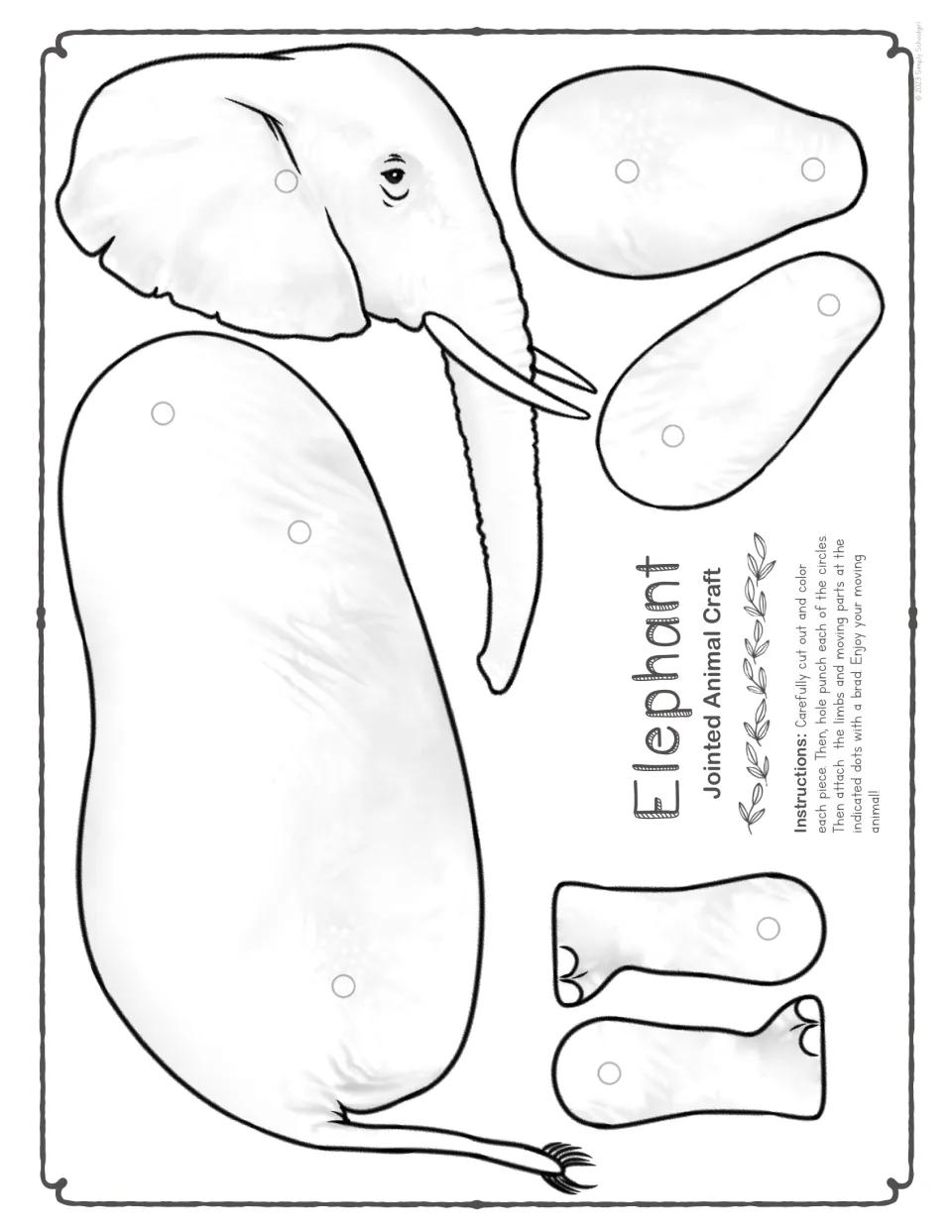 Black-and-white two-leg elephant pieces with larger parts for students to color, cut out, punch and attach using brads