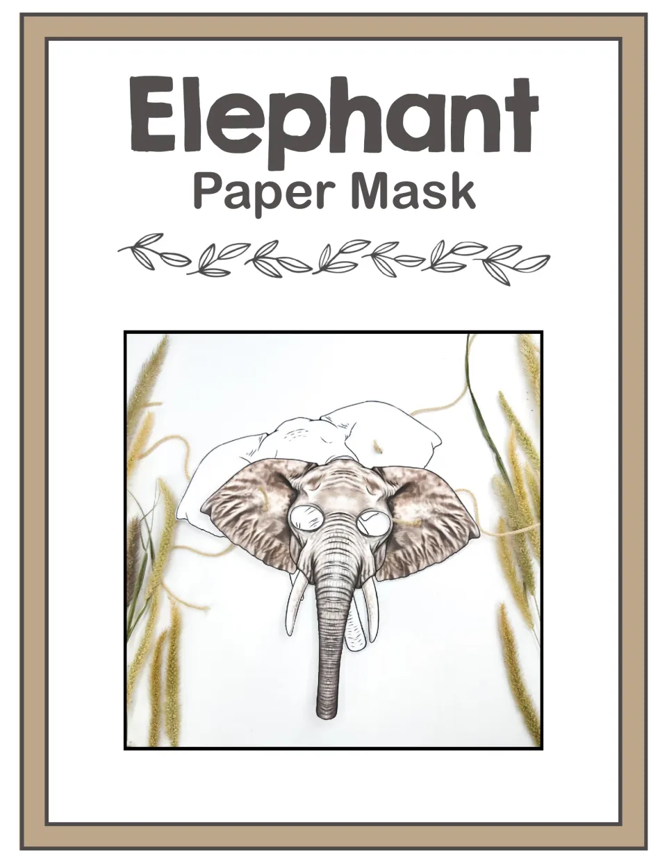Elephant Paper Mask cover: photo of a finished colored elephant mask with eye holes, tusks, trunk and string ties