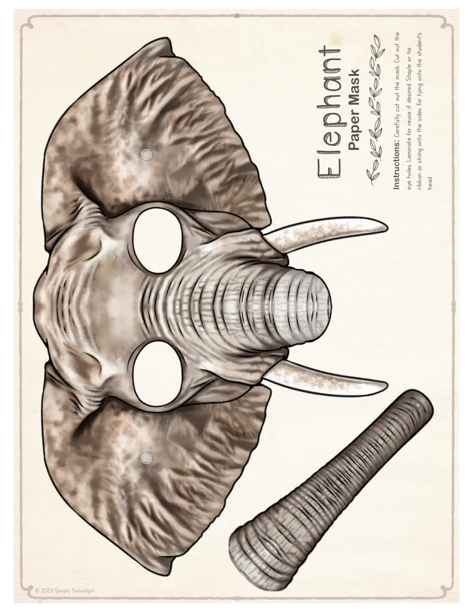 Full-color elephant mask template with eye holes, tusks, punch dots and a separate trunk piece for students to cut out