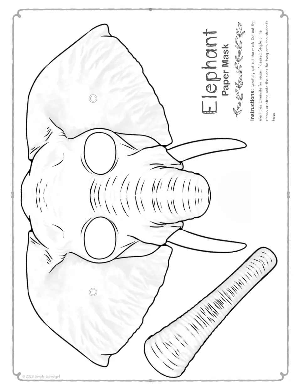 Black-and-white elephant mask outline with eye holes, tusks and a separate trunk piece for students to color and cut out