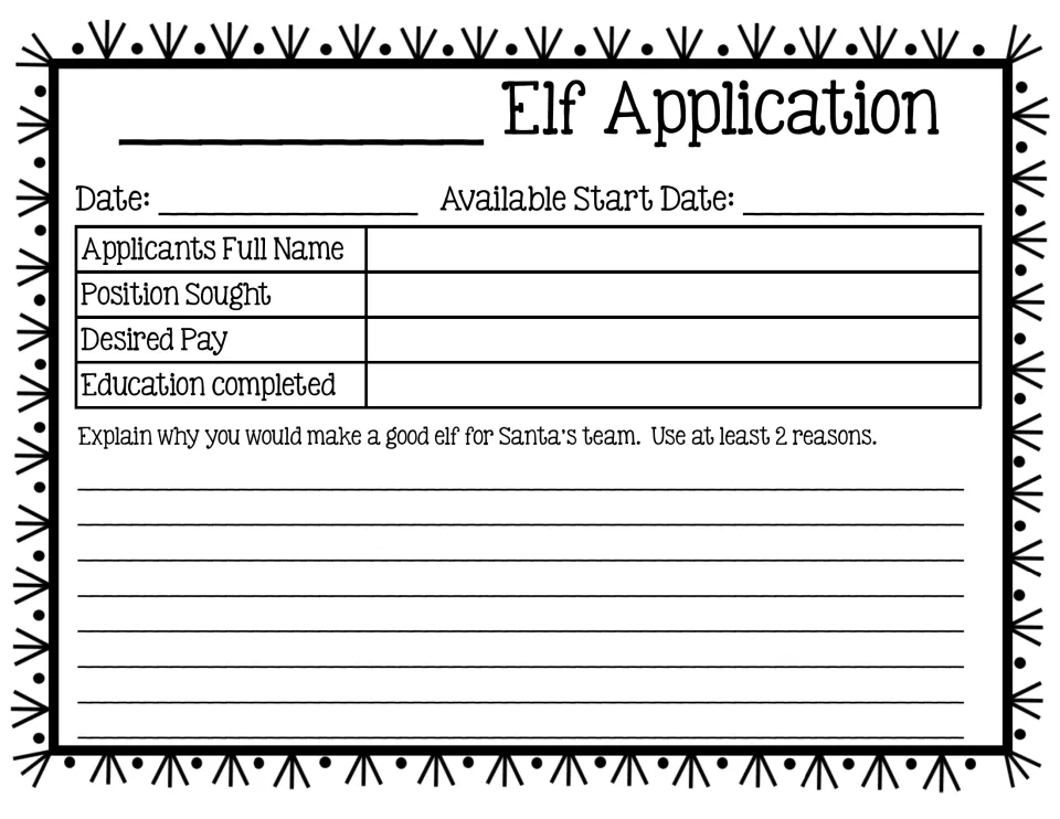 Elf job form: students fill in name, position, desired pay and education, then write 2 reasons they'd be a good elf