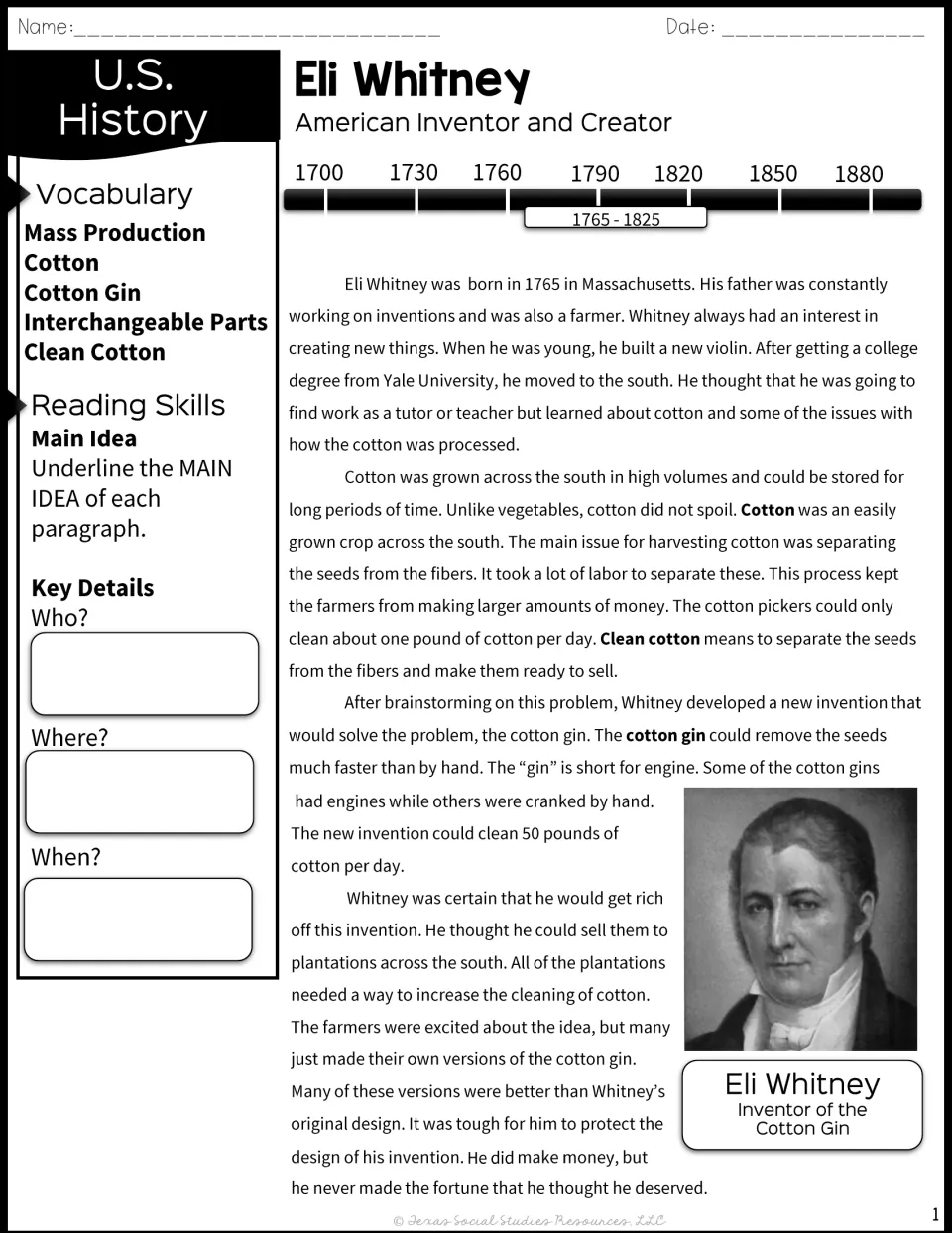 Eli Whitney reading passage part 1: his early life and the cotton gin, with vocabulary, main idea and who/where/when notes