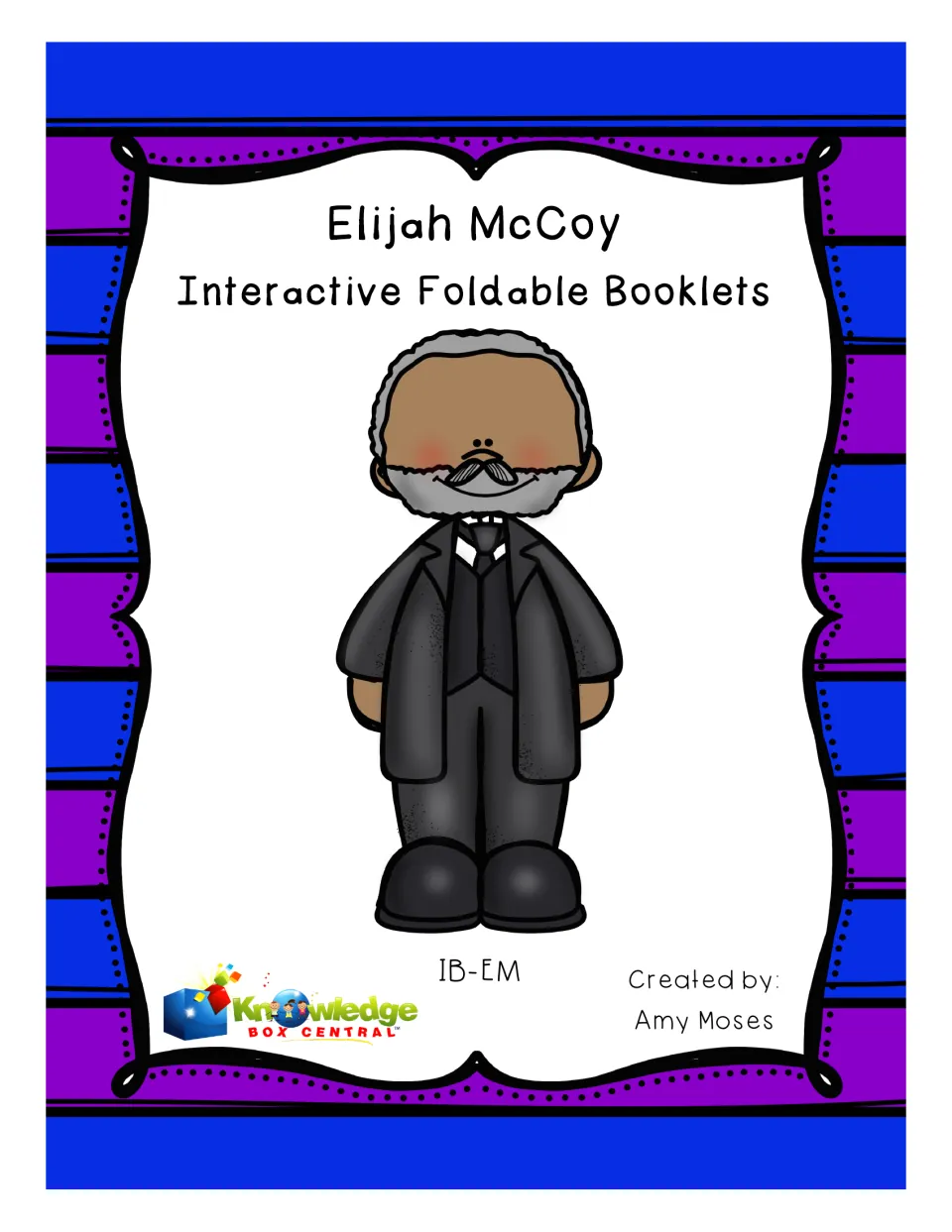 Elijah McCoy Interactive Foldable Booklets cover, showing a cartoon McCoy in a black suit, by Amy Moses