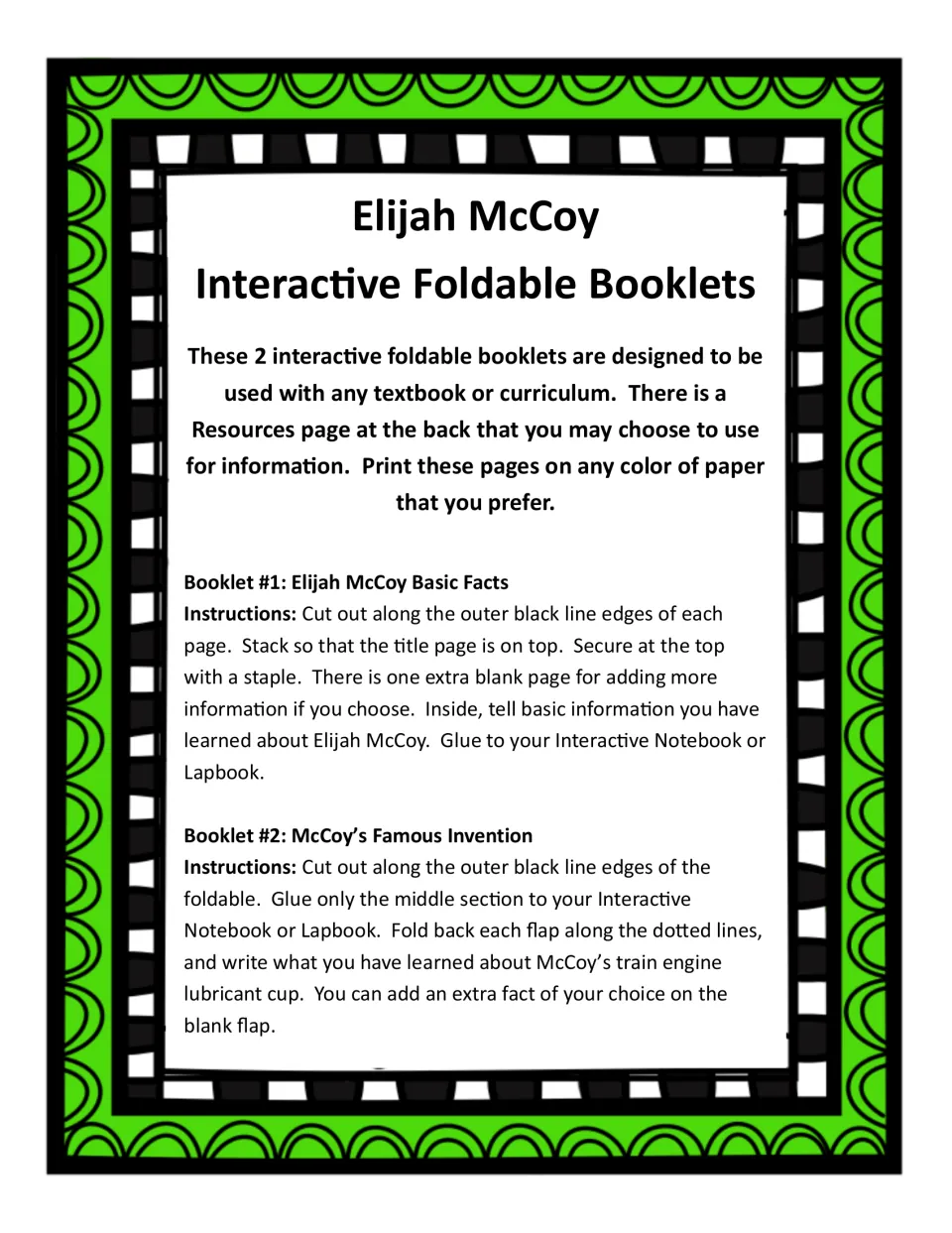 Instructions to cut, staple and glue Booklet #1, Basic Facts, and Booklet #2, McCoy's Famous Invention