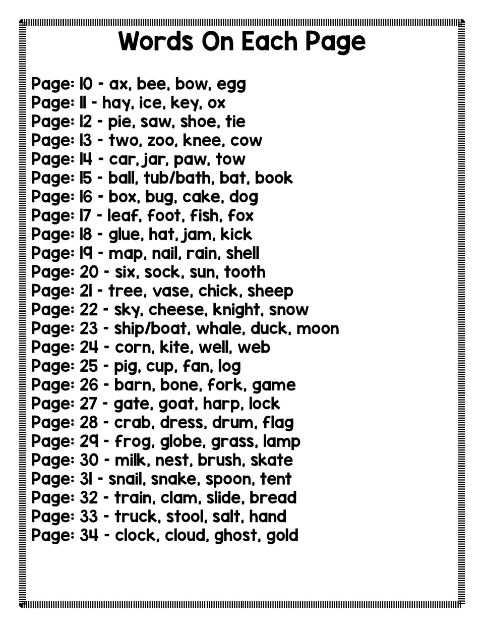 Words on each page: picture-word list by page, 10 to 34, from ax, bee, bow and egg to clock, cloud, ghost and gold