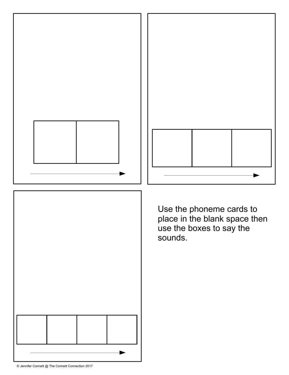 Blank Elkonin mats for 2, 3 and 4 sounds: students add a phoneme picture card above, then say each sound left to right