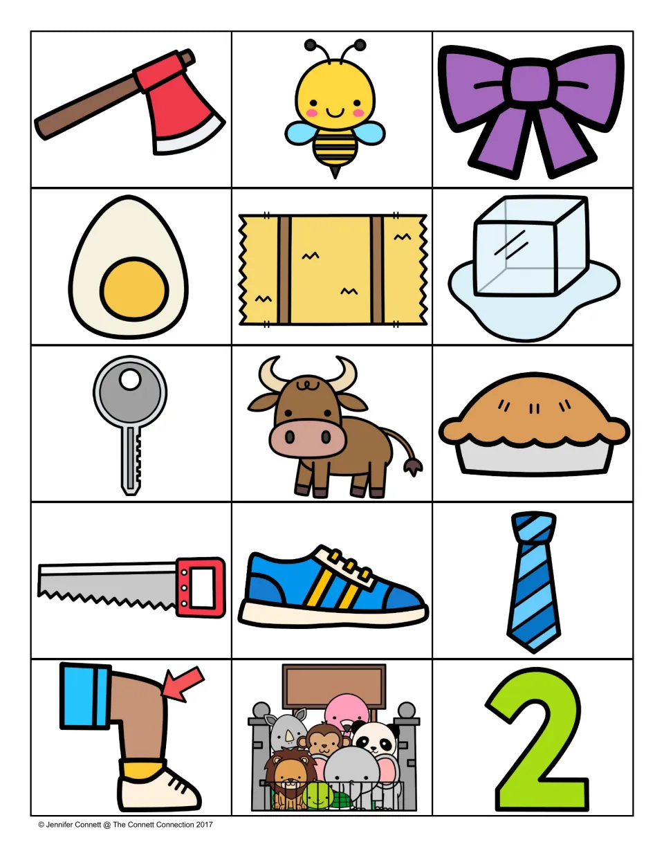 Phoneme picture cards to cut out: ax, bee, bow, egg, hay, ice, key, ox, pie, saw, shoe, tie, knee, zoo and the number 2