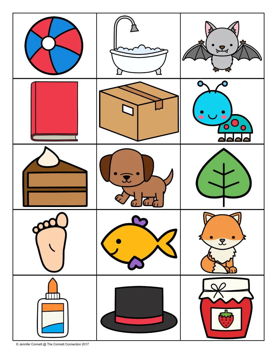 Picture cards to cut apart: ball, bath, bat, book, box, bug, cake, dog, leaf, foot, fish, fox, glue, hat and jam