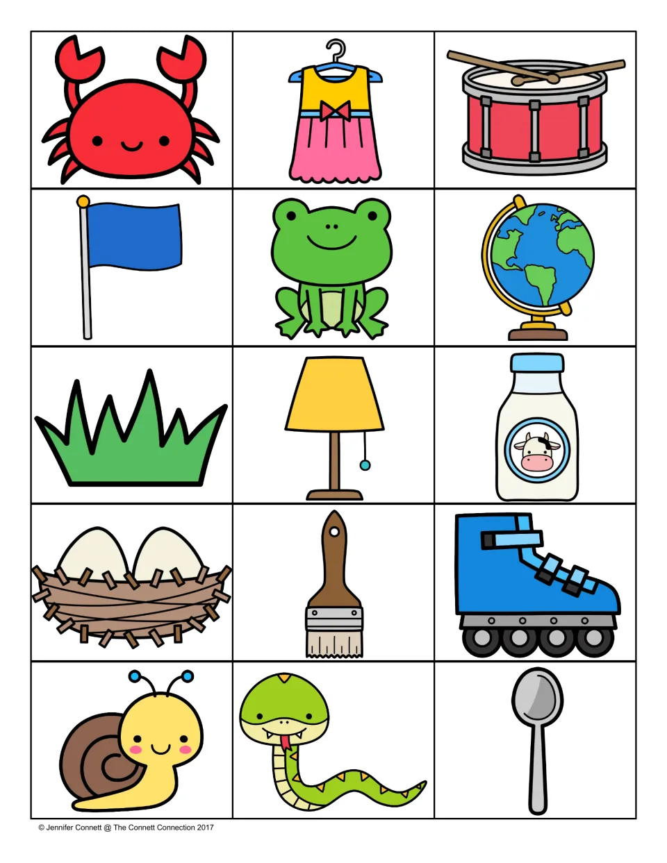 Blend words on cards: crab, dress, drum, flag, frog, globe, grass, lamp, milk, nest, brush, skate, snail, snake, spoon