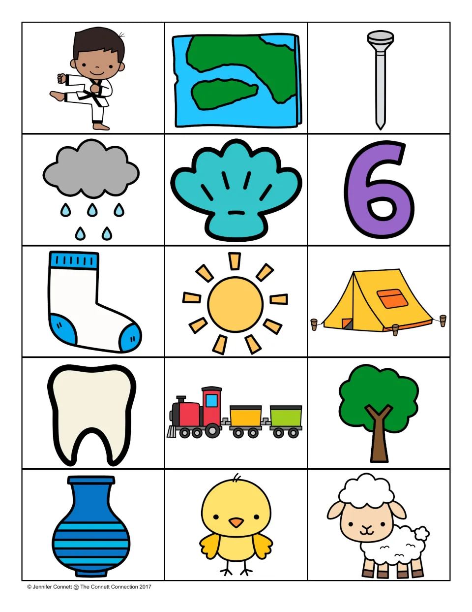 Word cards to cut: kick, map, nail, rain, shell, six, sock, sun, tent, tooth, train, tree, vase, chick, sheep