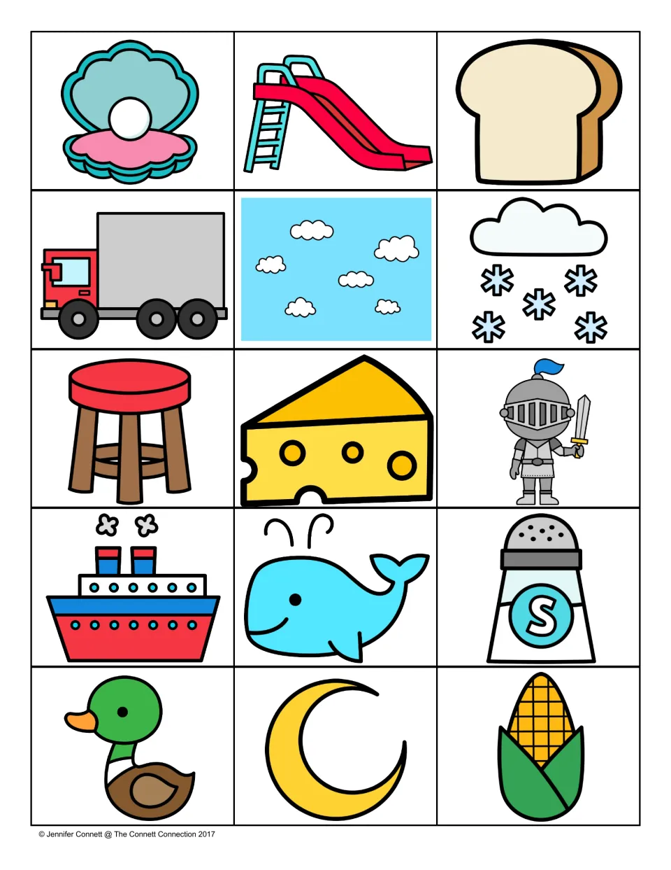 Picture cards: clam, slide, bread, truck, sky, snow, stool, cheese, knight, ship, whale, salt, duck, moon, corn