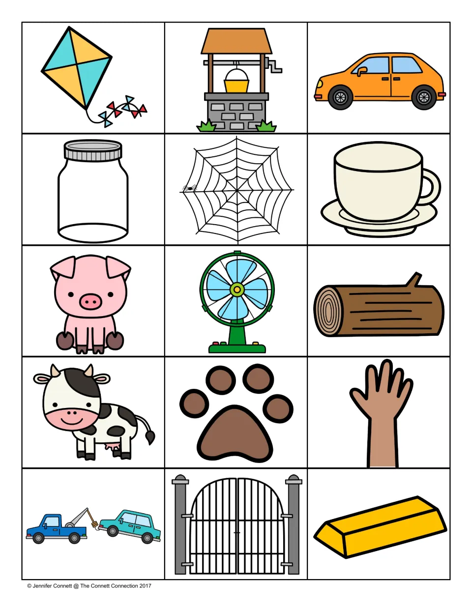 Picture word cards: kite, well, car, jar, web, cup, pig, fan, log, cow, paw, hand, tow truck, gate and gold bar