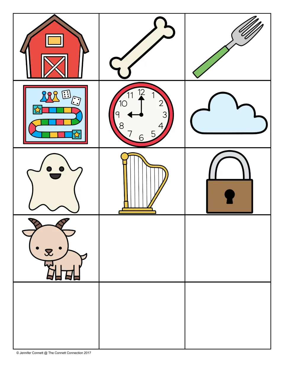 Final picture cards: barn, bone, fork, board game, clock, cloud, ghost, harp, lock and goat, plus five empty spots