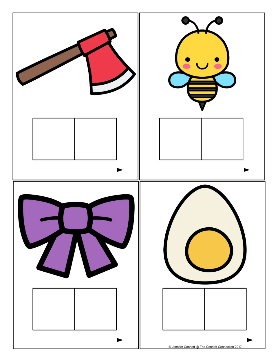 Ready-made mats for ax, bee, bow and egg: students say each word slowly and segment its sounds left to right