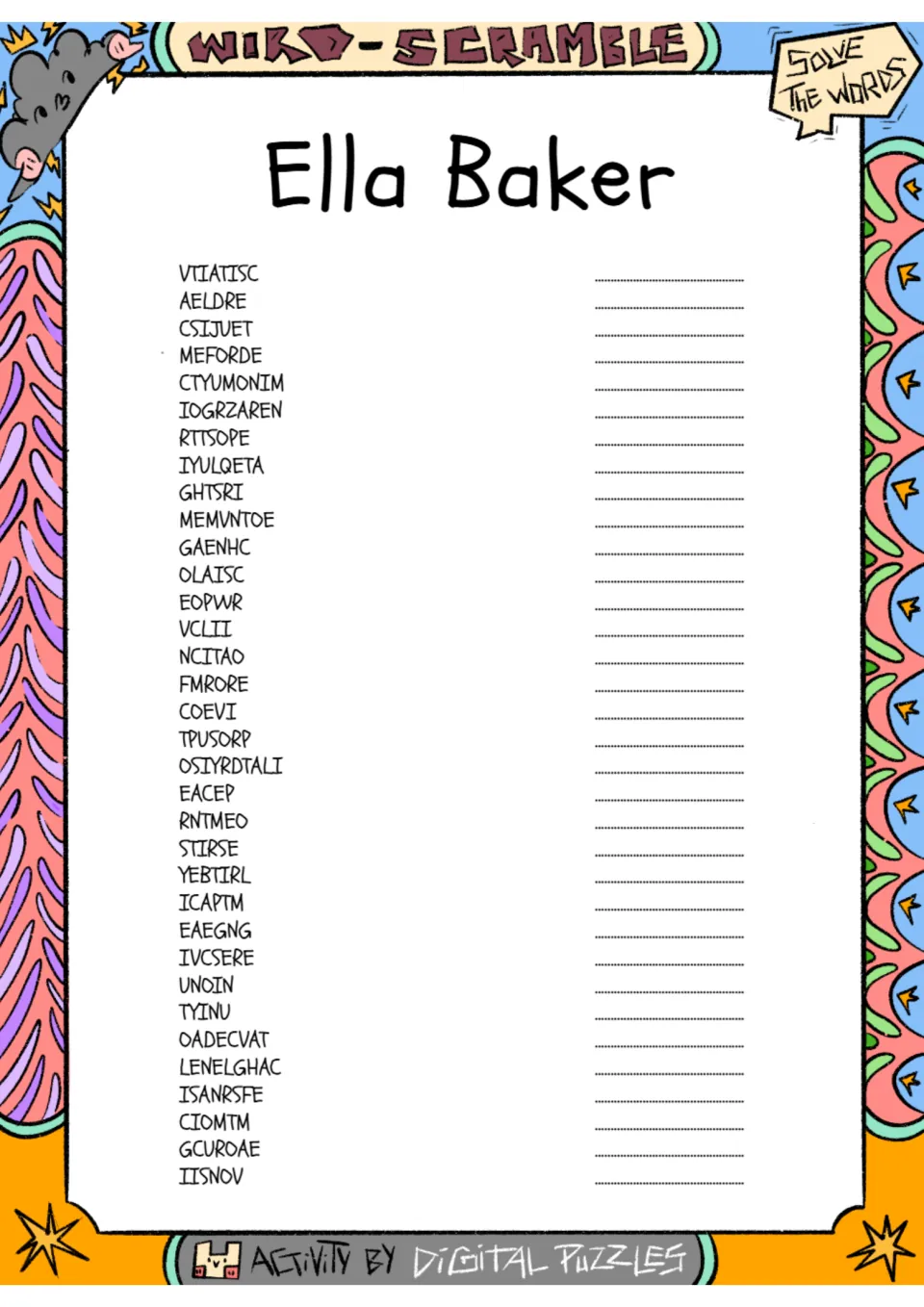 Ella Baker word scramble: 34 scrambled terms, including AELDRE, CSIJUET, MEFORDE, and CTYUMONIM.