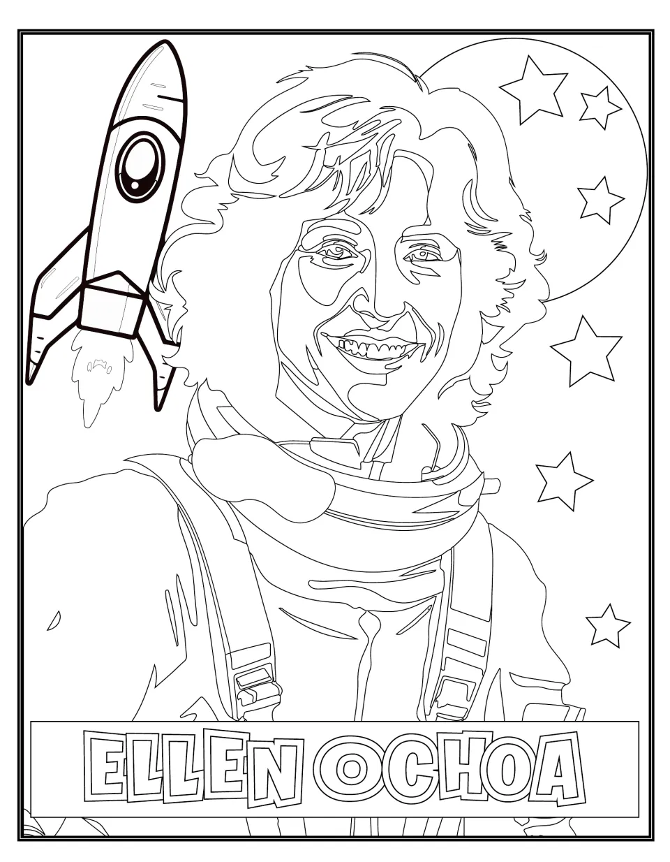 Full mural outline showing Ellen Ochoa in a spacesuit beside a rocket, with her name below the portrait