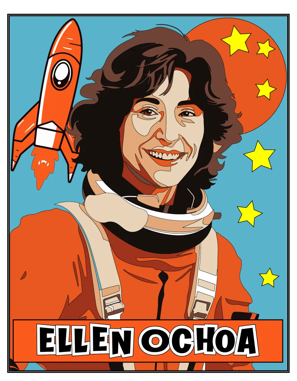 Completed mural color reference showing Ellen Ochoa in an orange spacesuit beside an orange rocket