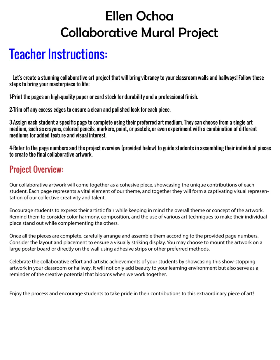 Teacher instructions for the mural: print, trim, assign students sections to color, and assemble by number