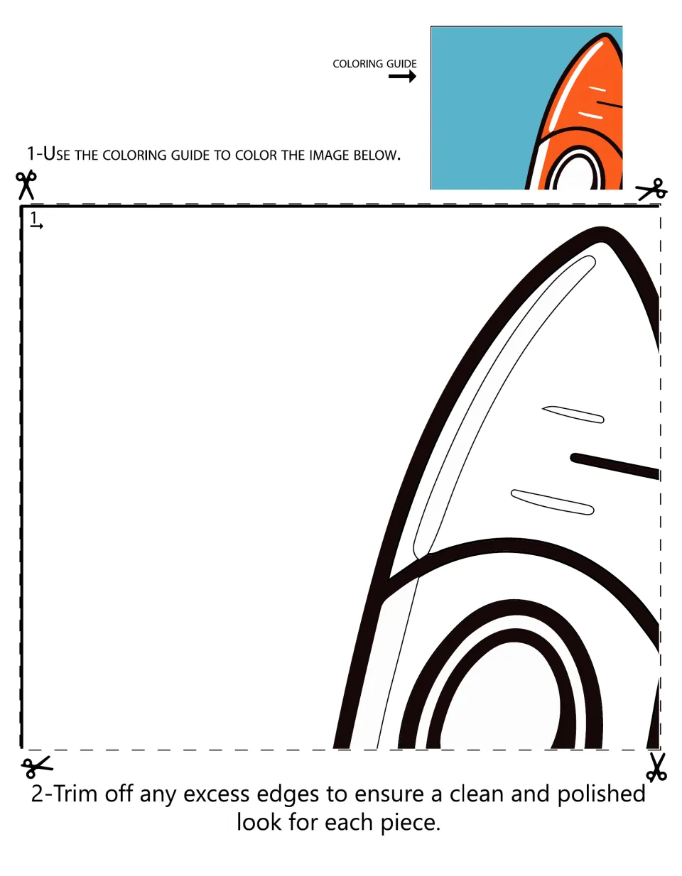 Mural section 1 shows the rocket's pointed nose and upper window, with a color guide and trimming directions