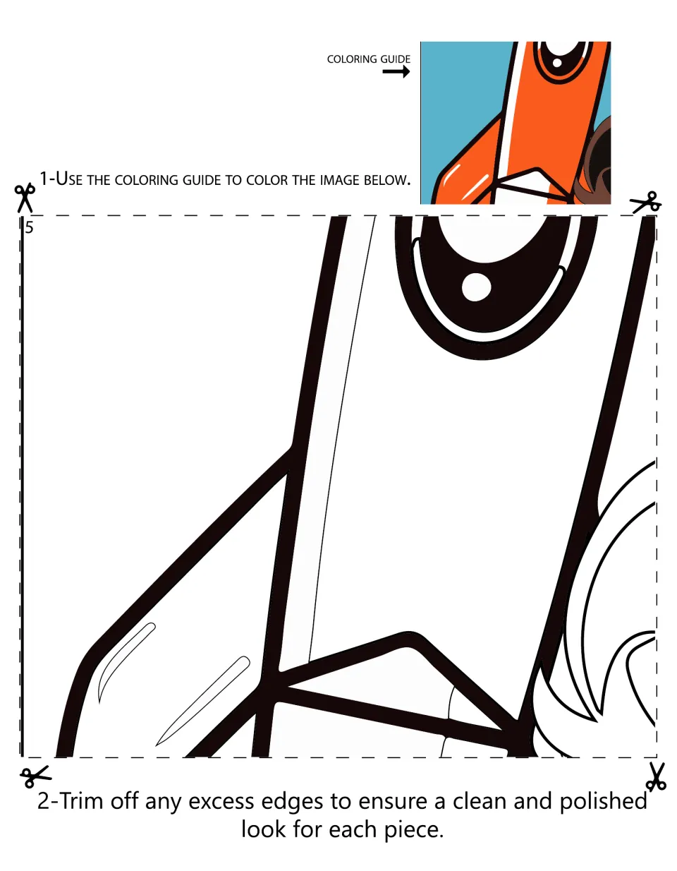 Mural section 5 shows the rocket's window, body, and side fin, with a color guide and trimming directions