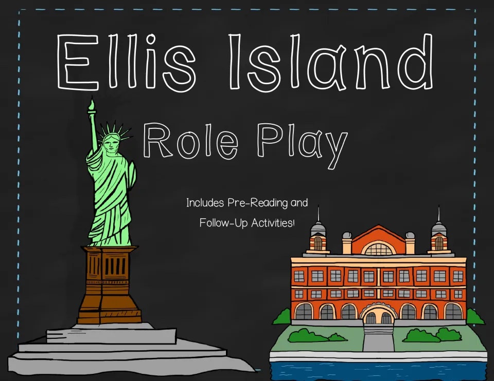 Ellis Island Role Play cover announcing pre-reading and follow-up activities for the immigration simulation