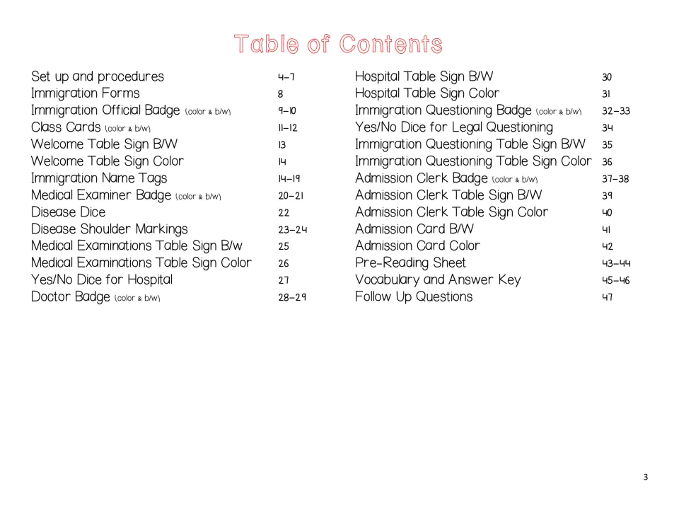 Table of contents listing role-play directions, forms, badges, signs, cards, reading, and follow-up questions