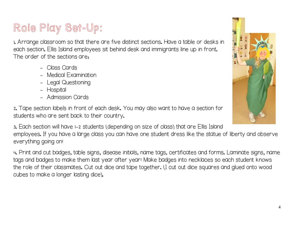 Role-play setup directions for five classroom stations, student employee assignments, and printable materials