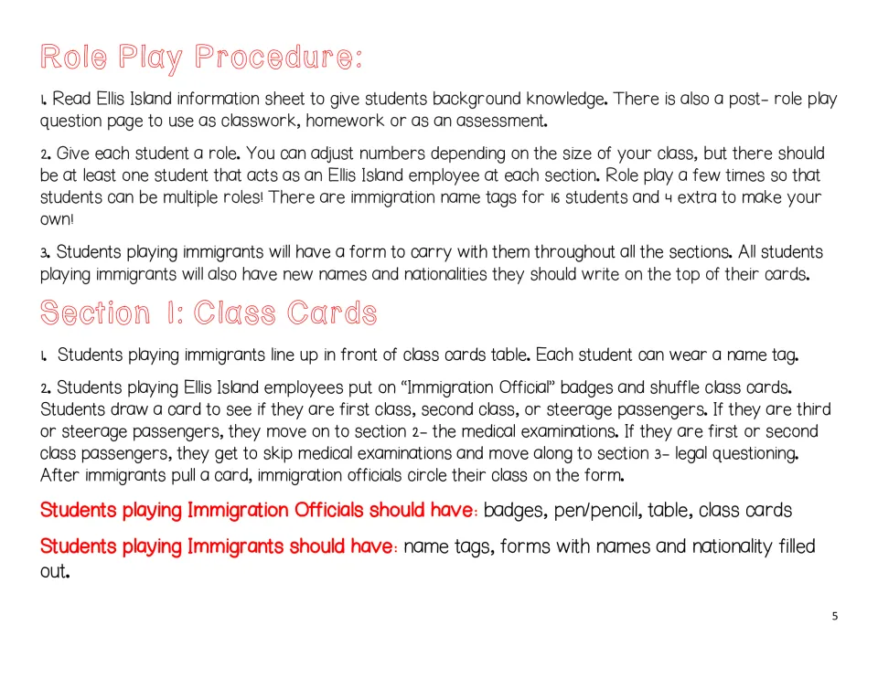 Role-play procedure and Class Cards station directions for assigning roles and drawing passenger classes