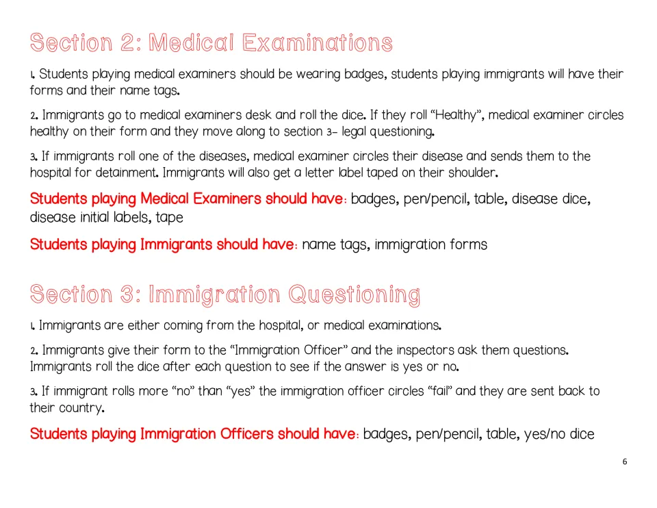 Medical Examinations and Immigration Questioning station directions using disease dice and yes/no dice