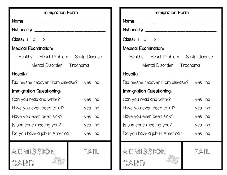 Two matching immigration forms record name, nationality, class, medical results, questioning, and admission