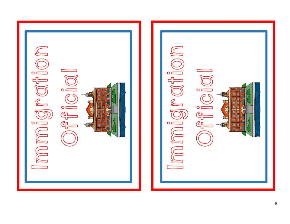 Two matching color Immigration Official badges for students staffing the role-play Class Cards station
