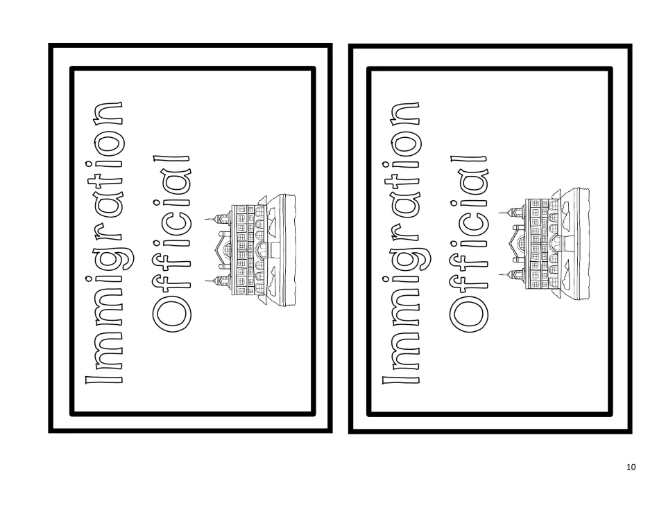 Two matching black-and-white Immigration Official badges for student employees in the immigration role play
