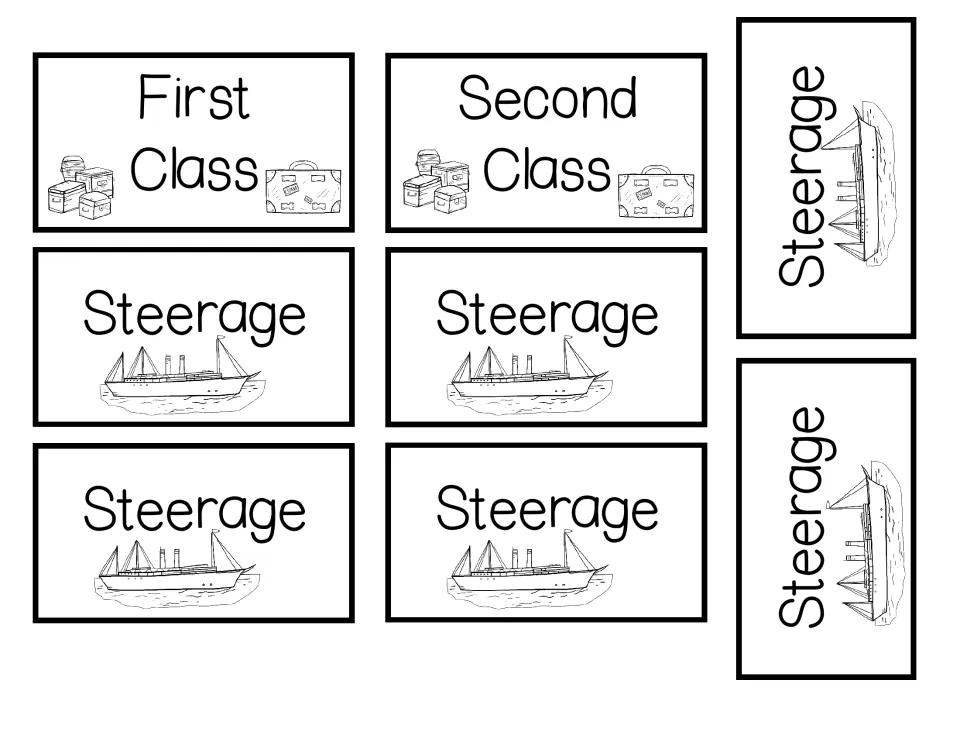 Eight passenger class cards for the role play: one First Class, one Second Class, and six Steerage cards