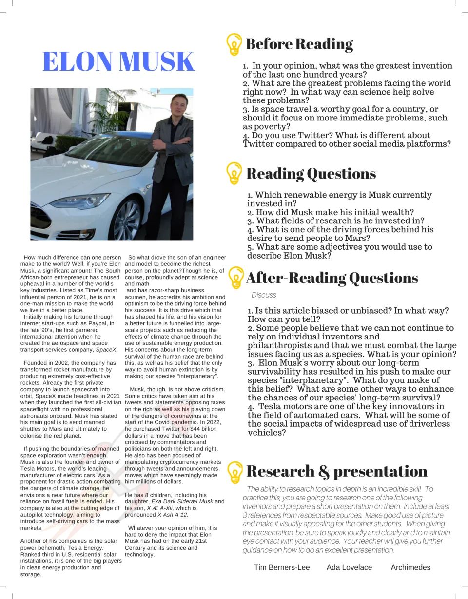 Reading passage about Elon Musk with before-reading, comprehension, discussion, and research presentation tasks.