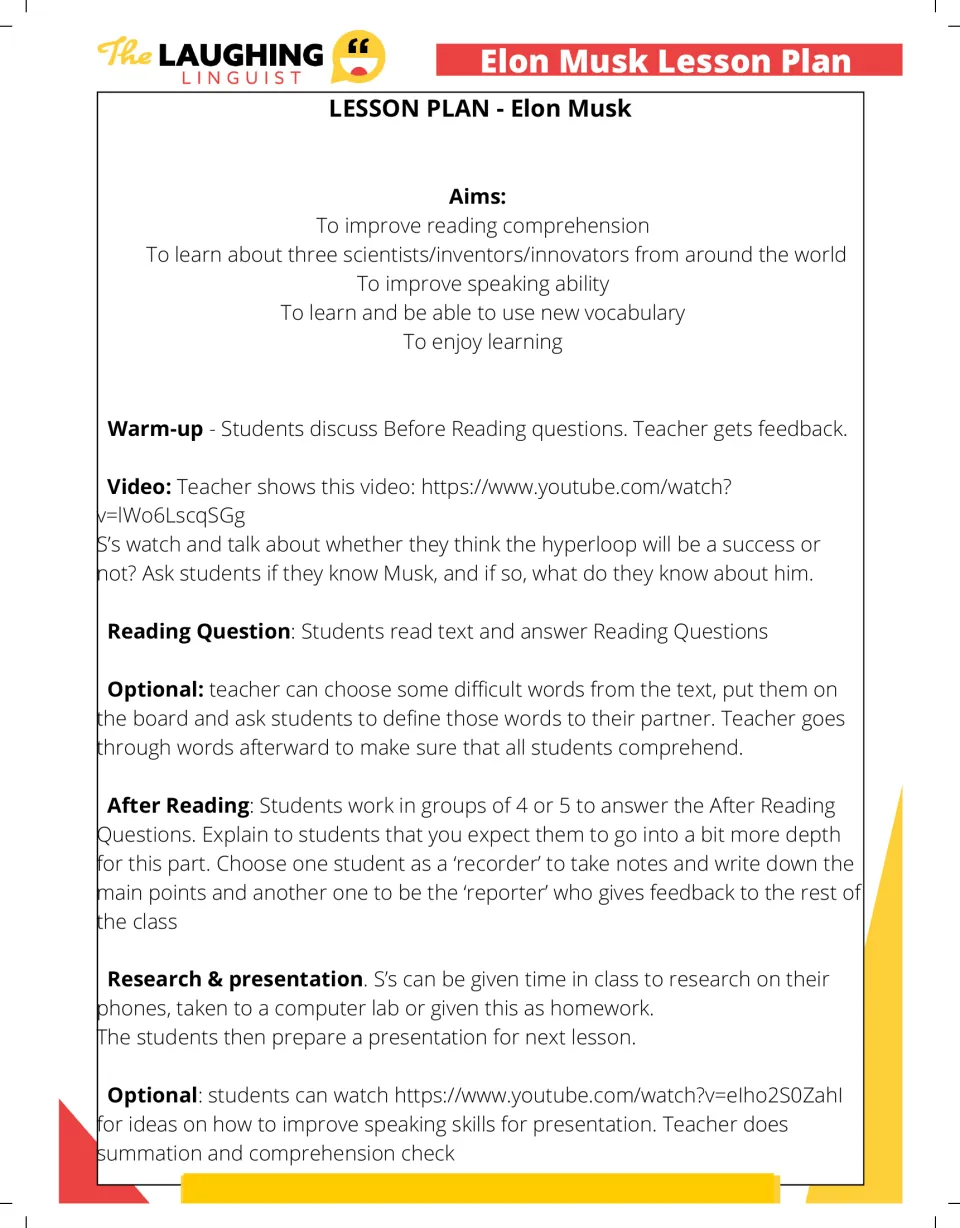 Teacher lesson plan for the reading: warm-up, video, vocabulary review, group discussion, and presentations.