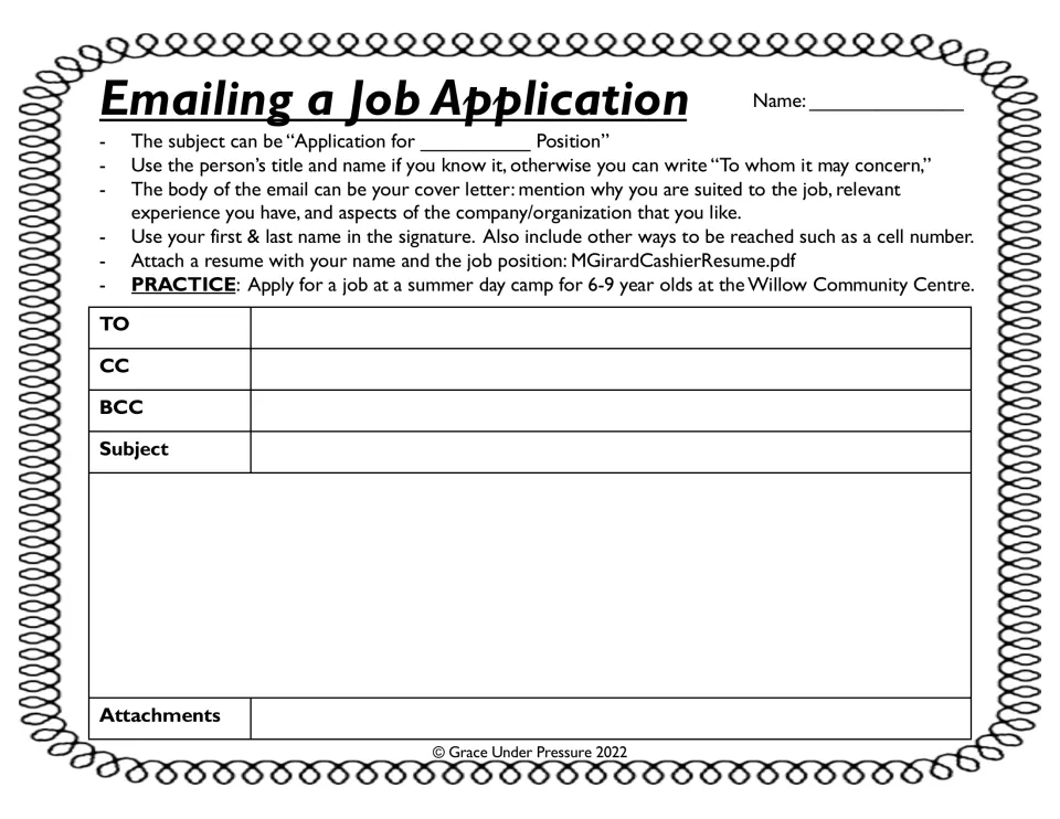 Emailing a job application: tips on subject, greeting, body and signature, then students draft an email for a camp job