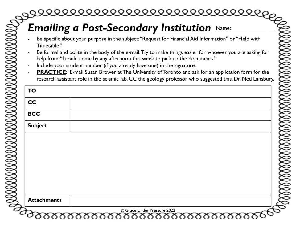 Formal email practice: students email a university to request a research assistant application and CC a professor