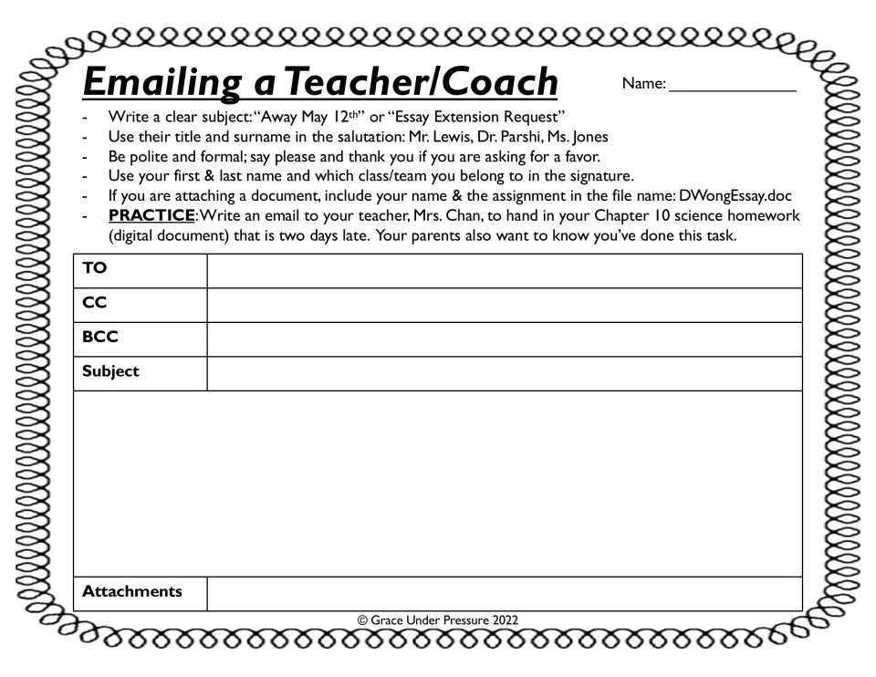 Emailing a Teacher/Coach: students follow etiquette tips, then draft an email to Mrs. Chan submitting late homework