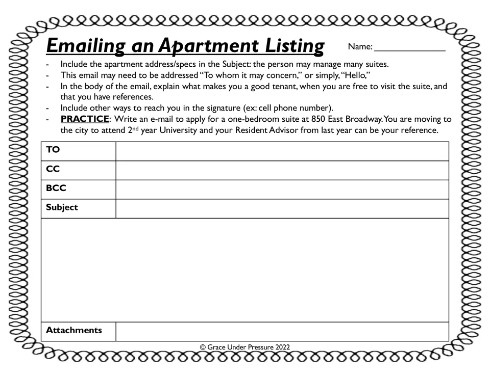 Emailing an apartment listing: tips on subject, greeting and tenant pitch, then students write an email for a suite