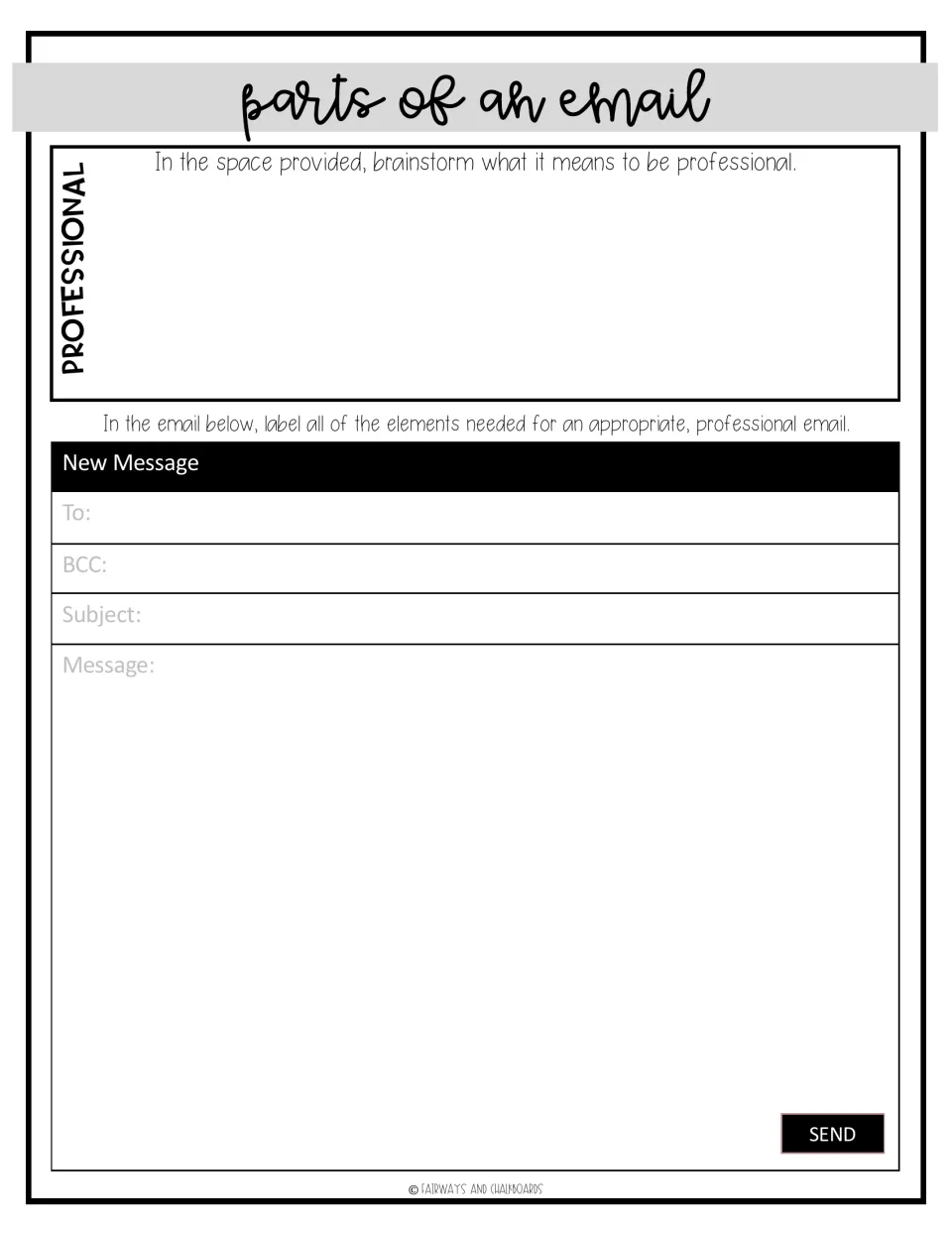 Parts of an email: students brainstorm what being professional means, then label the needed elements of a sample email