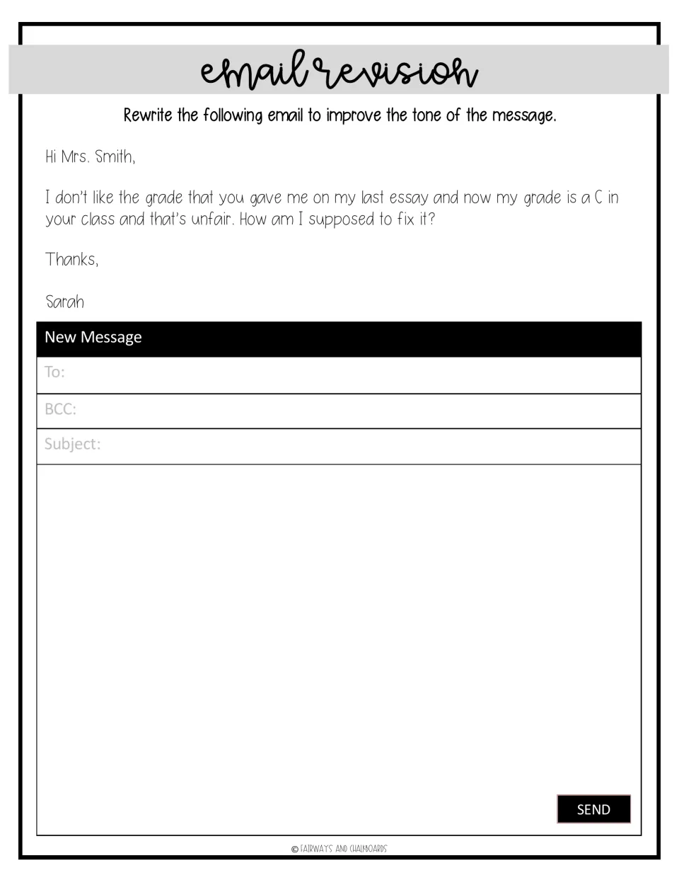 Email revision: students rewrite Sarah's complaint to Mrs. Smith about a C essay grade so it has a respectful tone