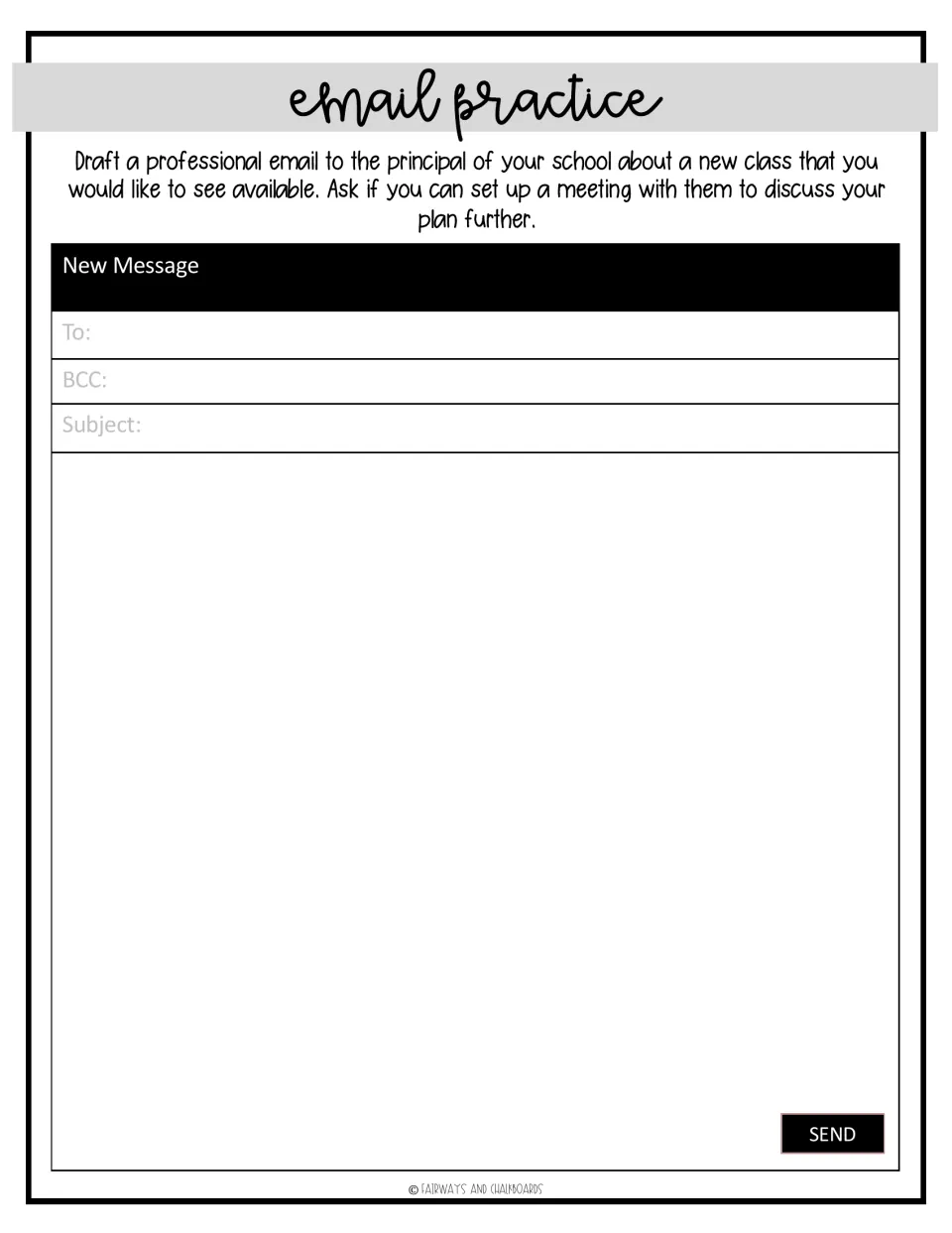 Email practice: students write to the school principal proposing a new class and asking for a meeting about it