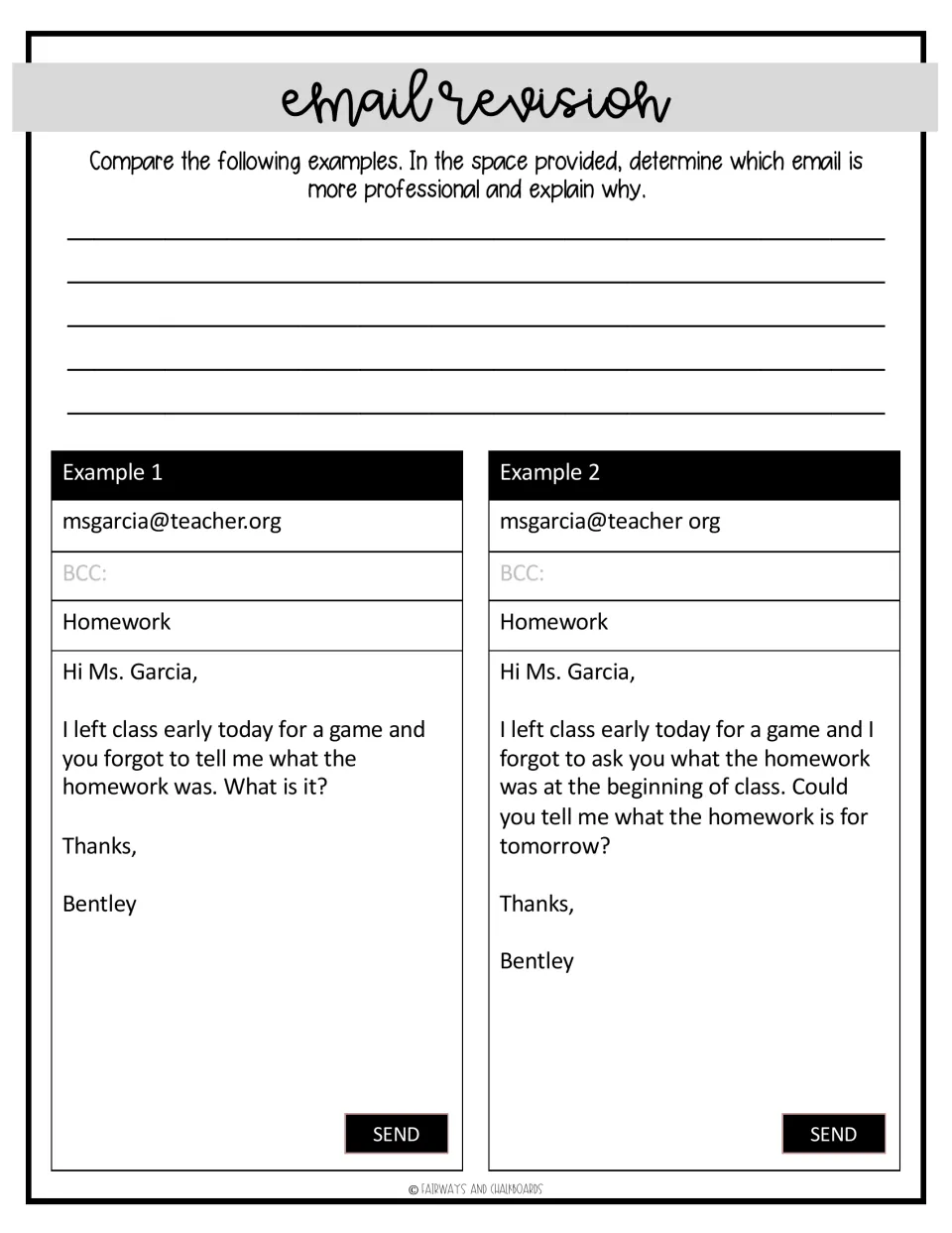 Email revision: students compare two homework requests to Ms. Garcia, choose the more professional one and explain why