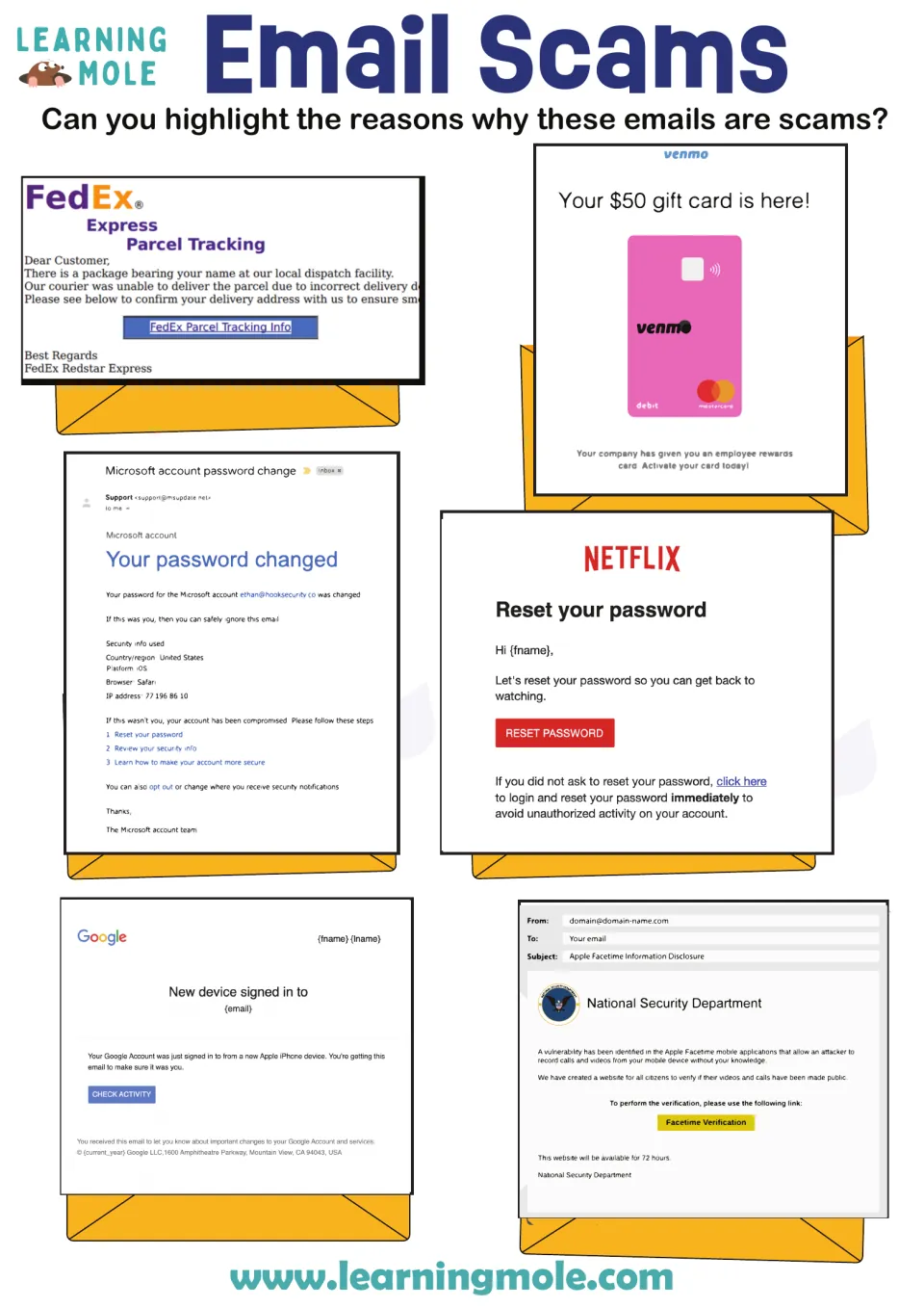Spotting phishing: students highlight warning signs in six fake emails from FedEx, Venmo, Microsoft, Netflix and Google