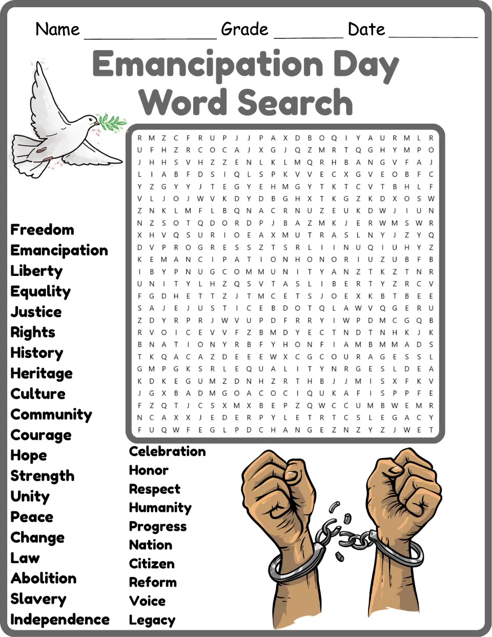 Color version of the 30-word emancipation vocabulary search, including freedom, equality, rights, and justice.