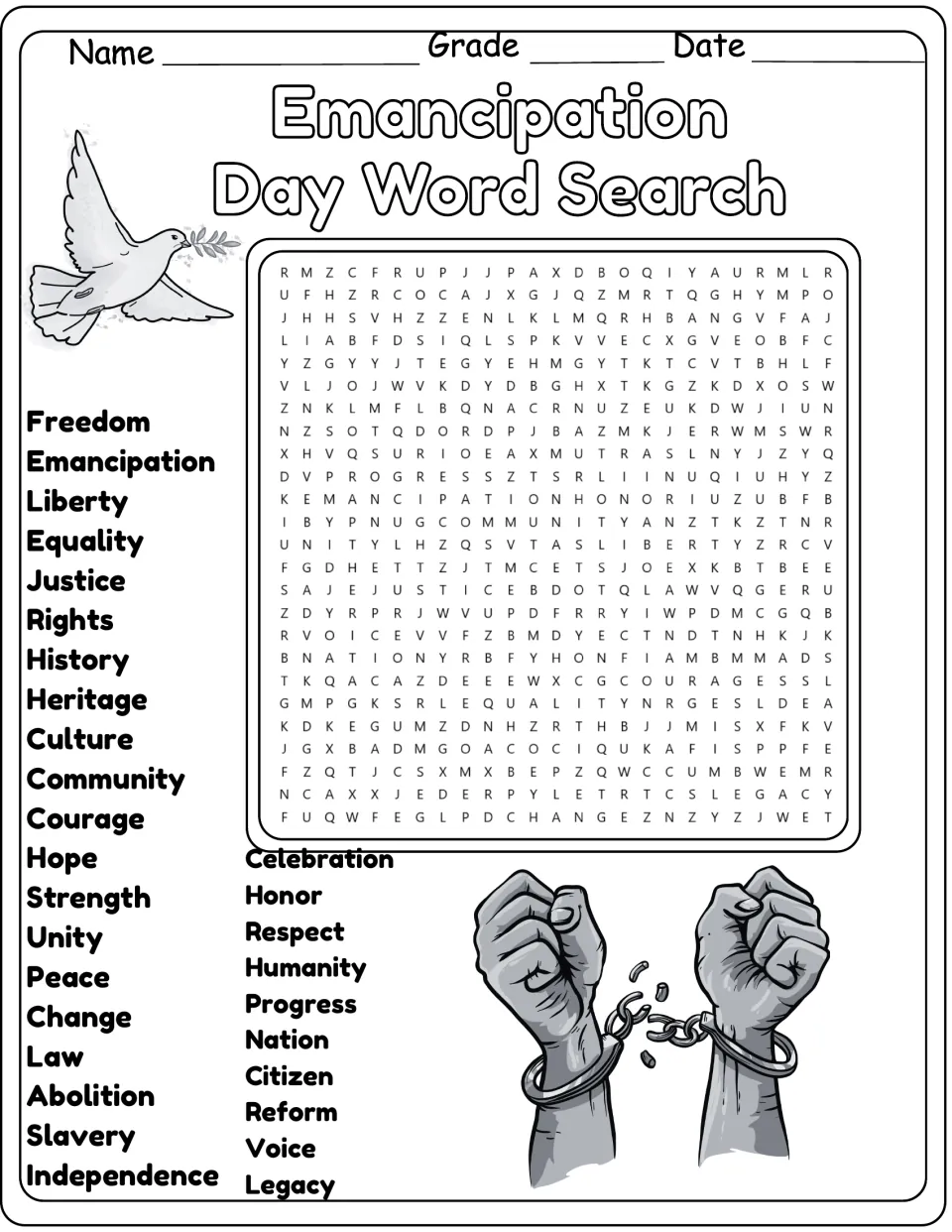 Black-and-white version of the same 30-word search, including liberty, abolition, independence, and legacy.