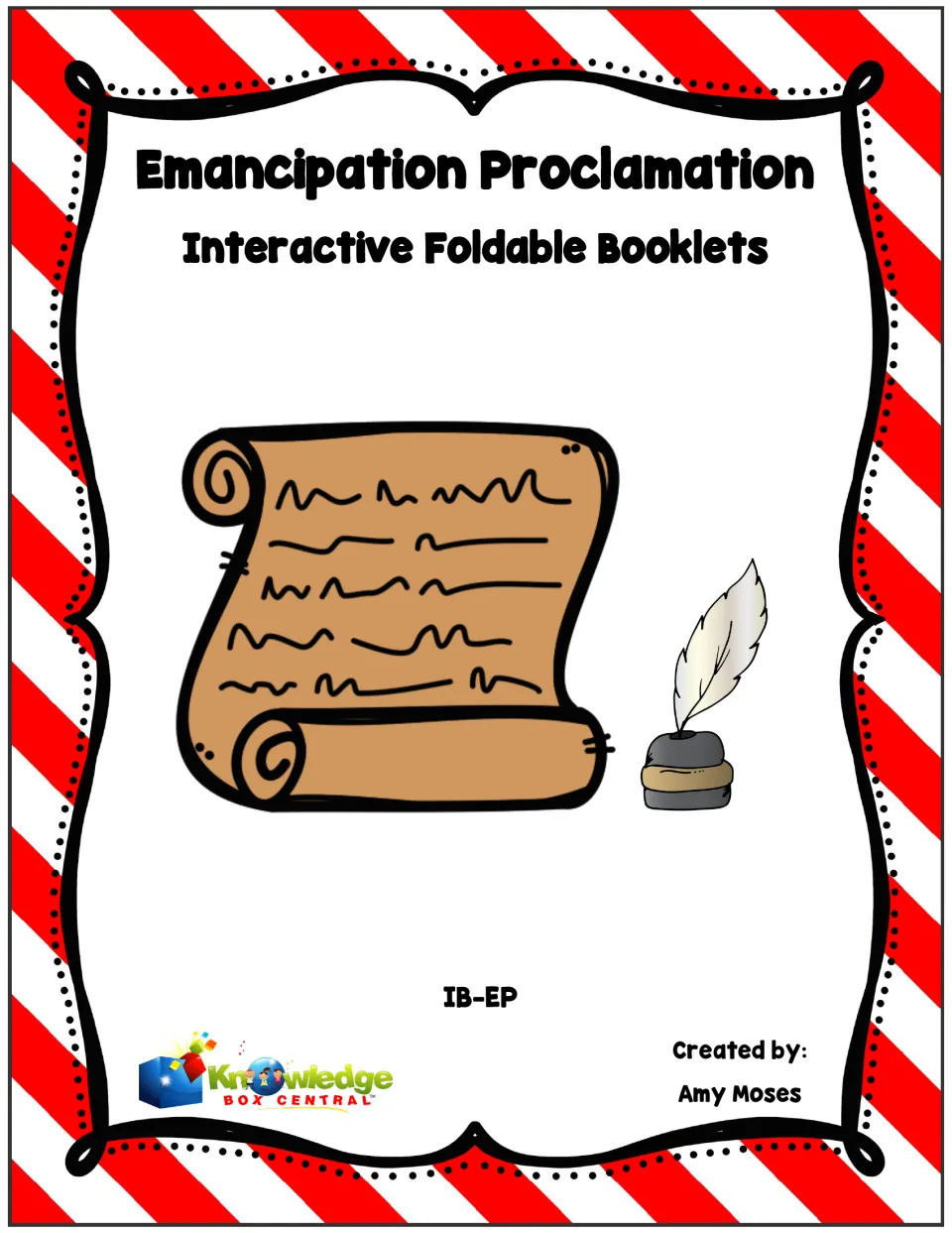 Emancipation Proclamation foldable booklets cover, showing a scroll and quill pen, by Amy Moses